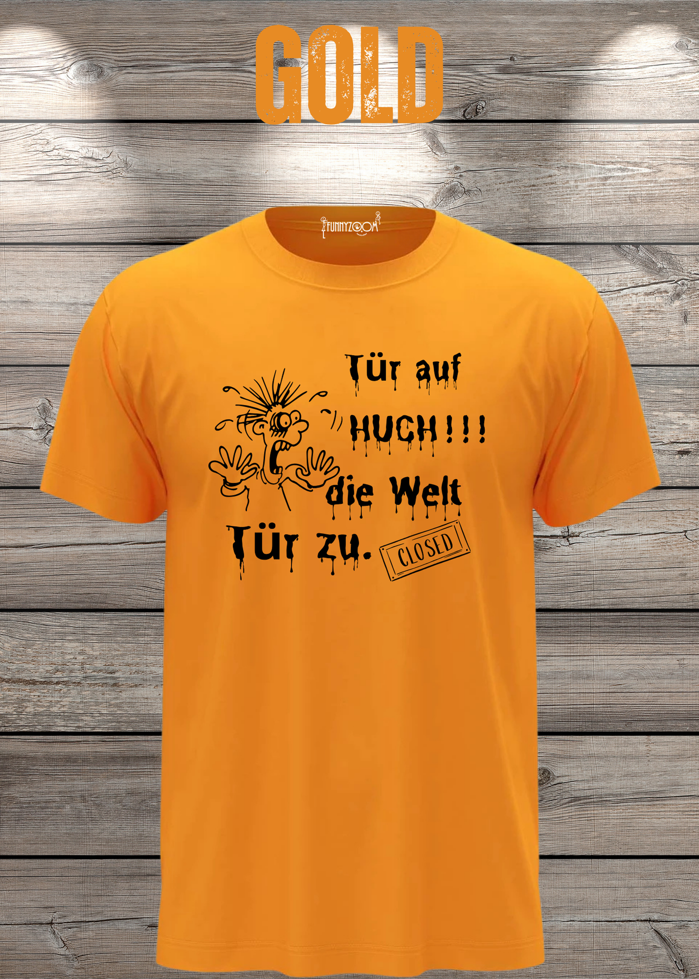 T-Shirt 'Tür auf huch die Welt Tür zu' - Witziges Spruch-Shirt für Introvertierte