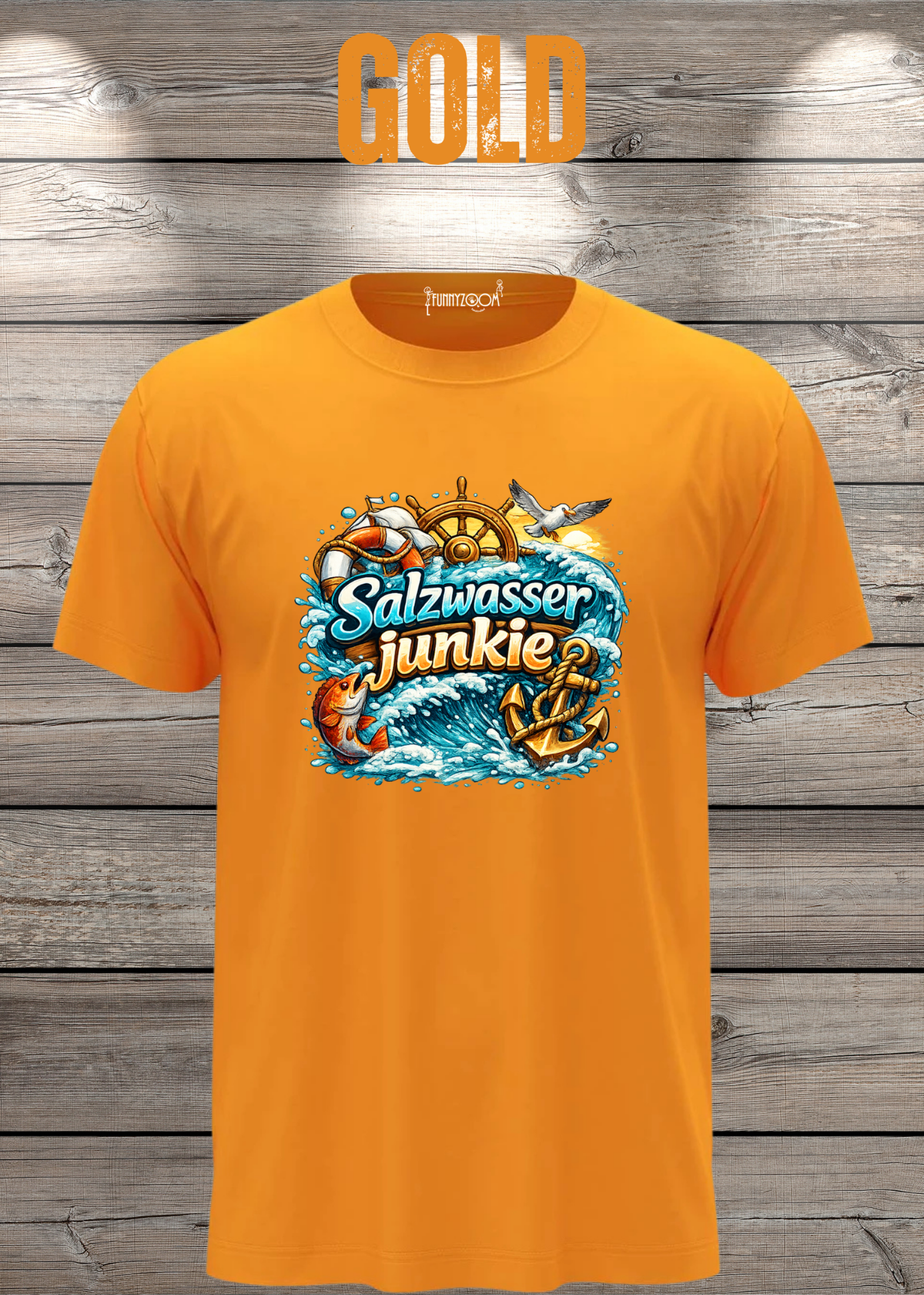 Salzwasser-Junkie Unisex T-Shirt in Gold.