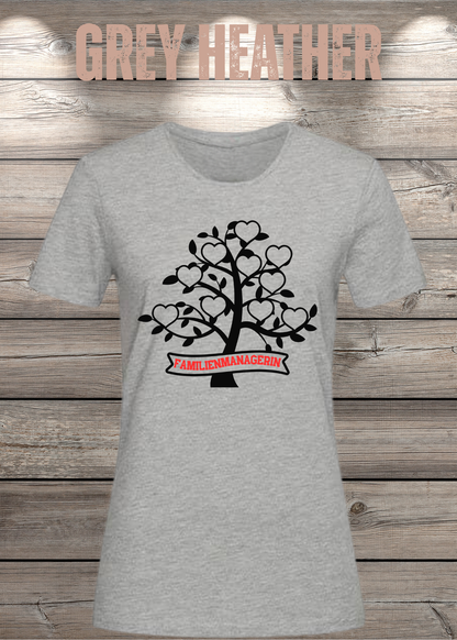 Familienmanagerin T-Shirt Damen – Herzbaum in Grey Heather.