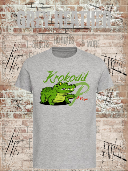 Krokodil Power – Kinder T-Shirt für Jungen & Mädchen in Grey Heather.