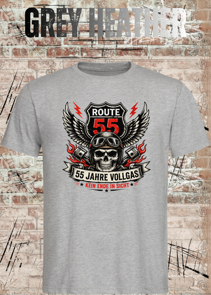 55 Jahre Vollgas T-Shirt – Route 55 in Grey Heather.