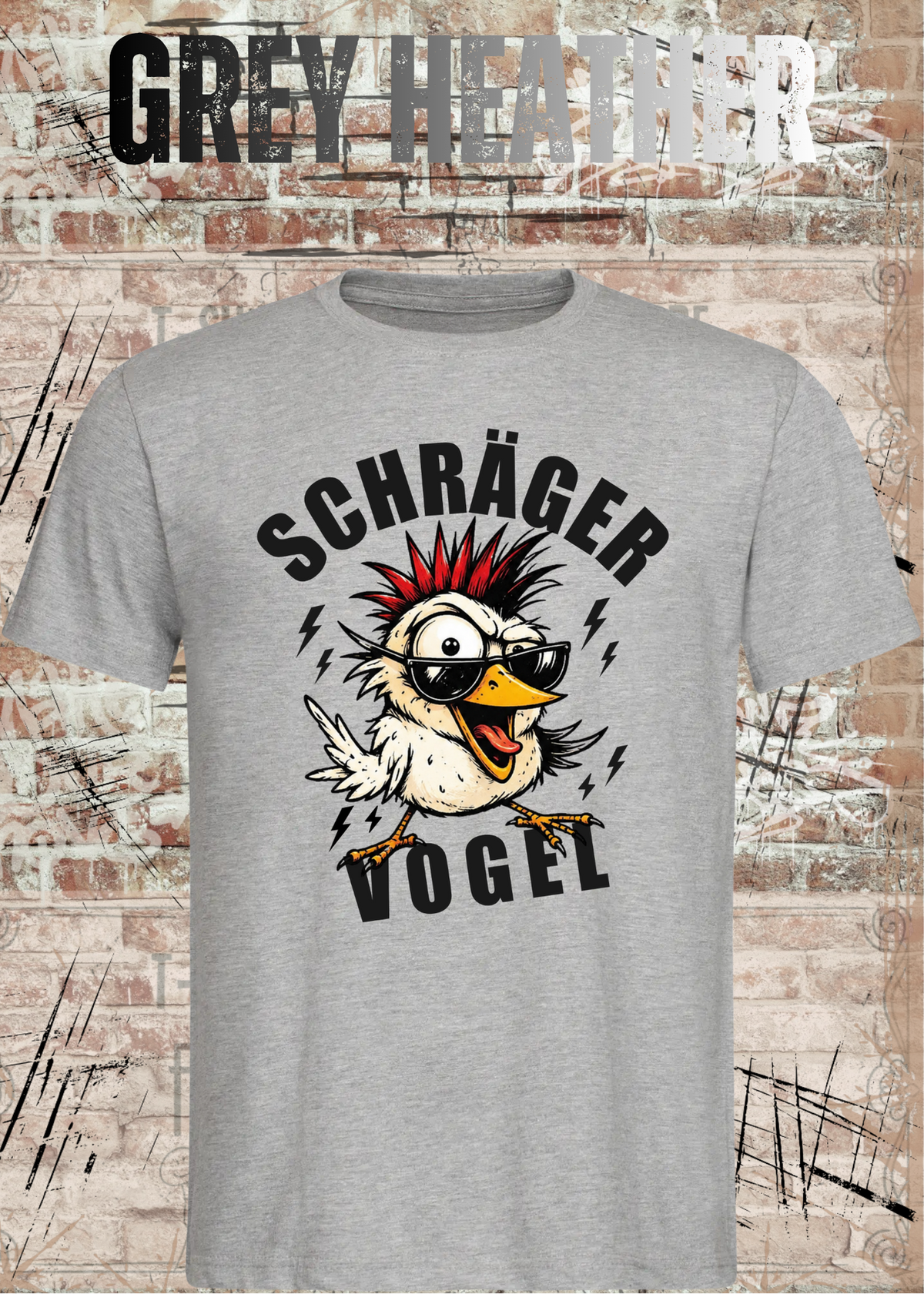 Unisex-T-Shirt „Schräger Vogel“ in Grey Heather.