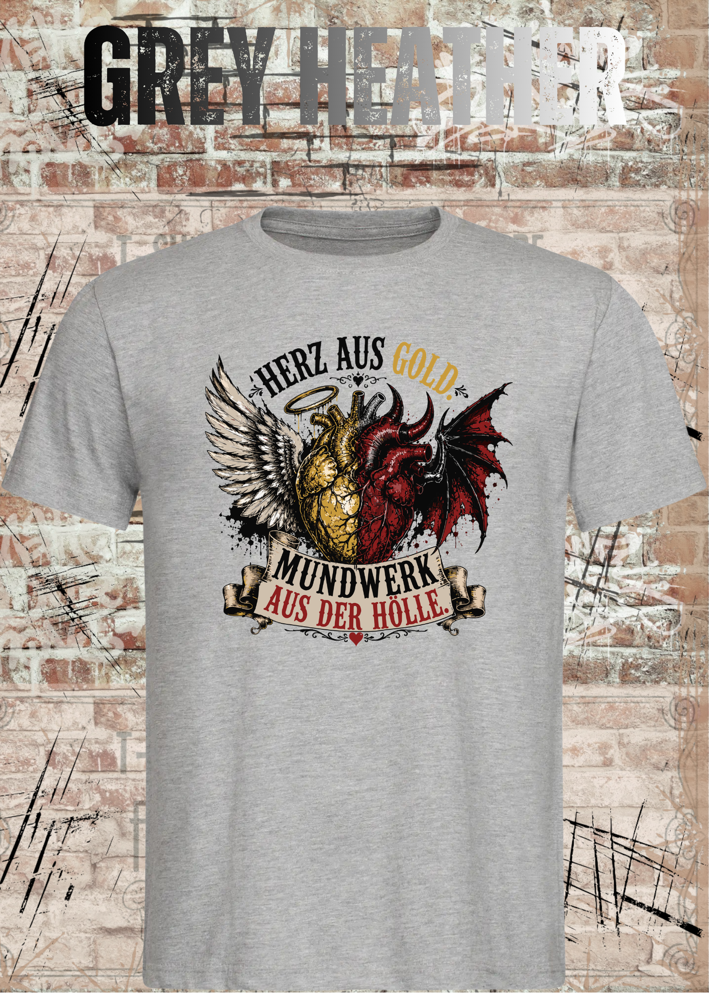 Herz aus Gold T-Shirt – Mundwerk aus der Hölle Shirt mit Engel & Teufel Motiv