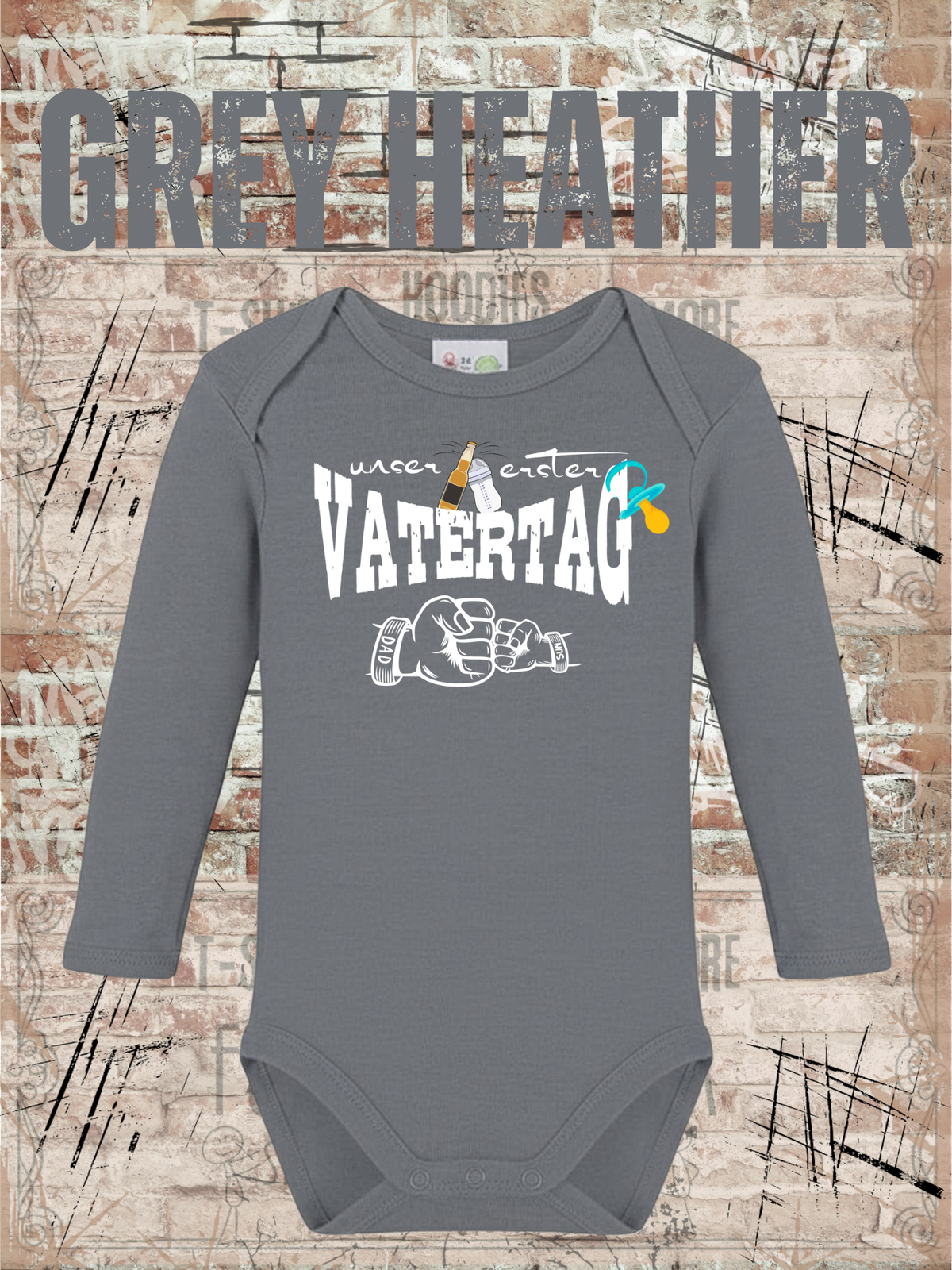 Jungen Baby Body Unser erster Vatertag in Grey Heather.