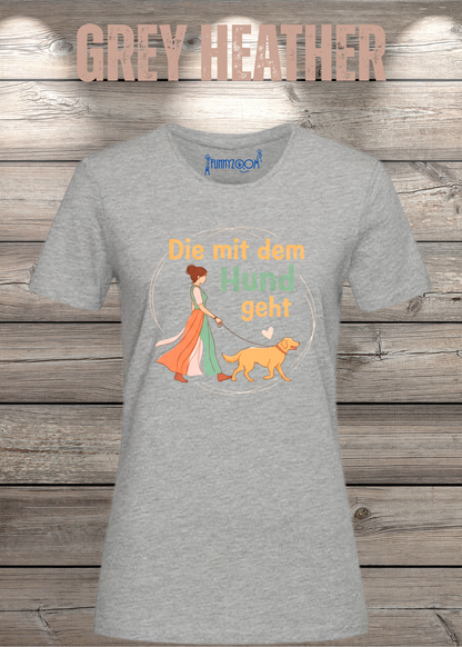 Damen-T-Shirt „Die mit dem Hund geht“ in Grey Heather.