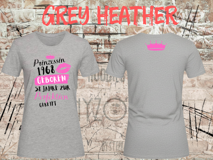 T-Shirt Prinzessin 1968 – 58 Jahre zur Perfektion gereift in Grey Heather, Vorder- und Rückseite.