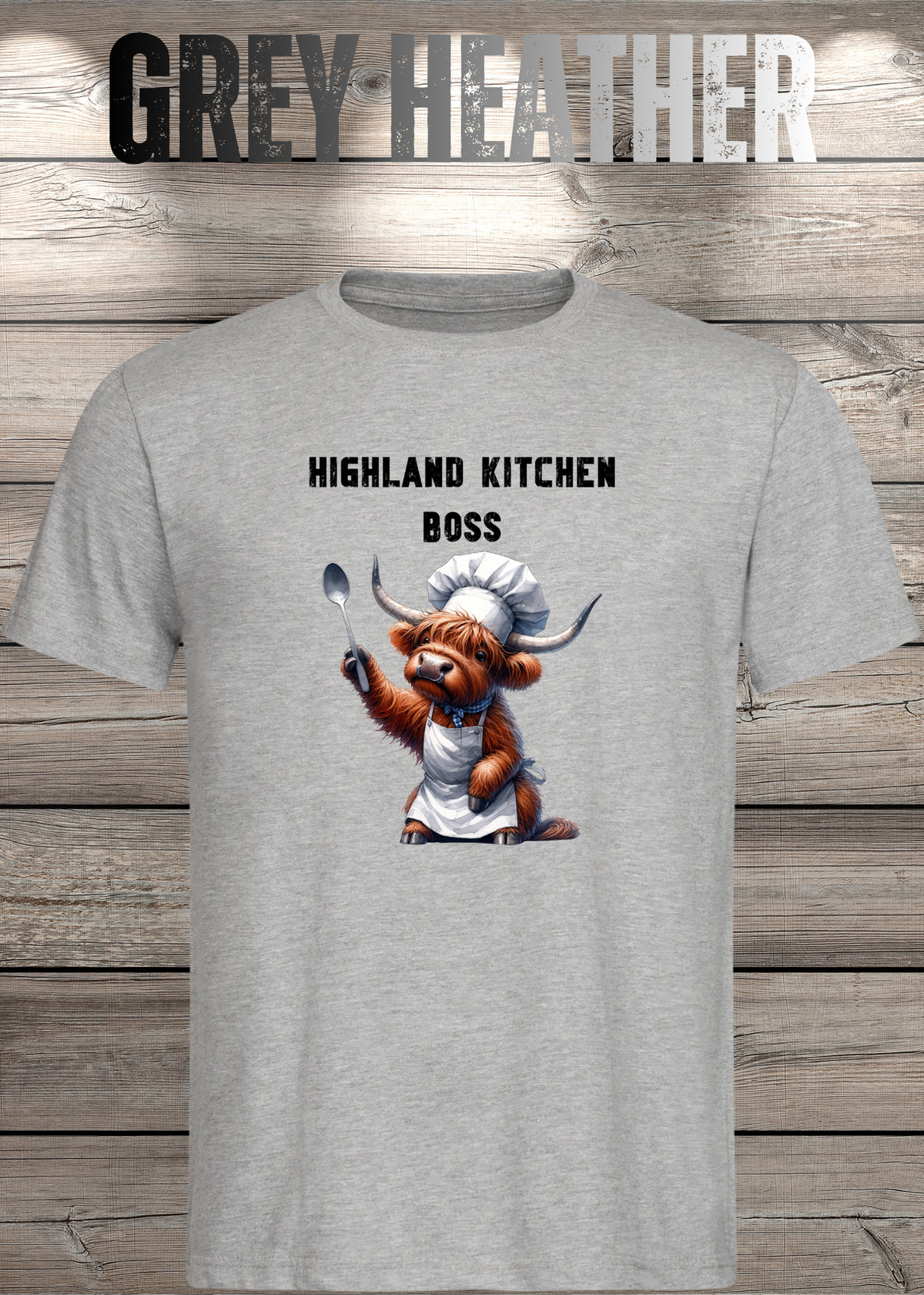 Unisex-T-Shirt „Highland Kitchen Boss“ in Grey Heather.