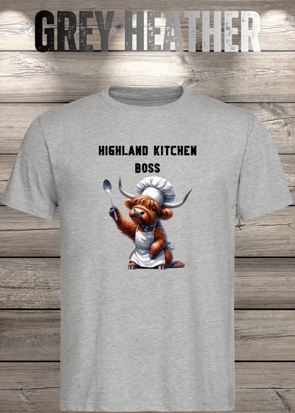Unisex-T-Shirt „Highland Kitchen Boss“ in Grey Heather.