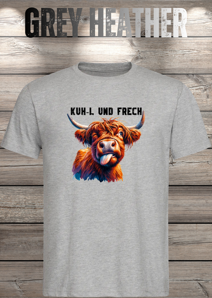 Unisex-T-Shirt „KUH-L UND FRECH“ in Grey Heather.