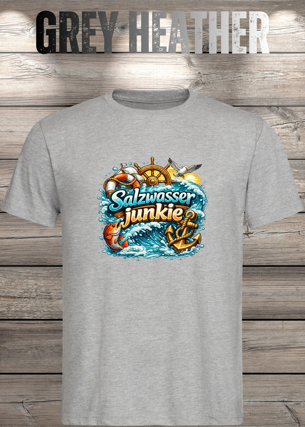 Salzwasser-Junkie Unisex T-Shirt in Grey Heather.