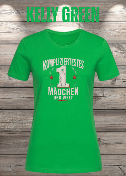 Damen-T-Shirt „Kompliziertestes Mädchen der Welt“ in Kelly Green.