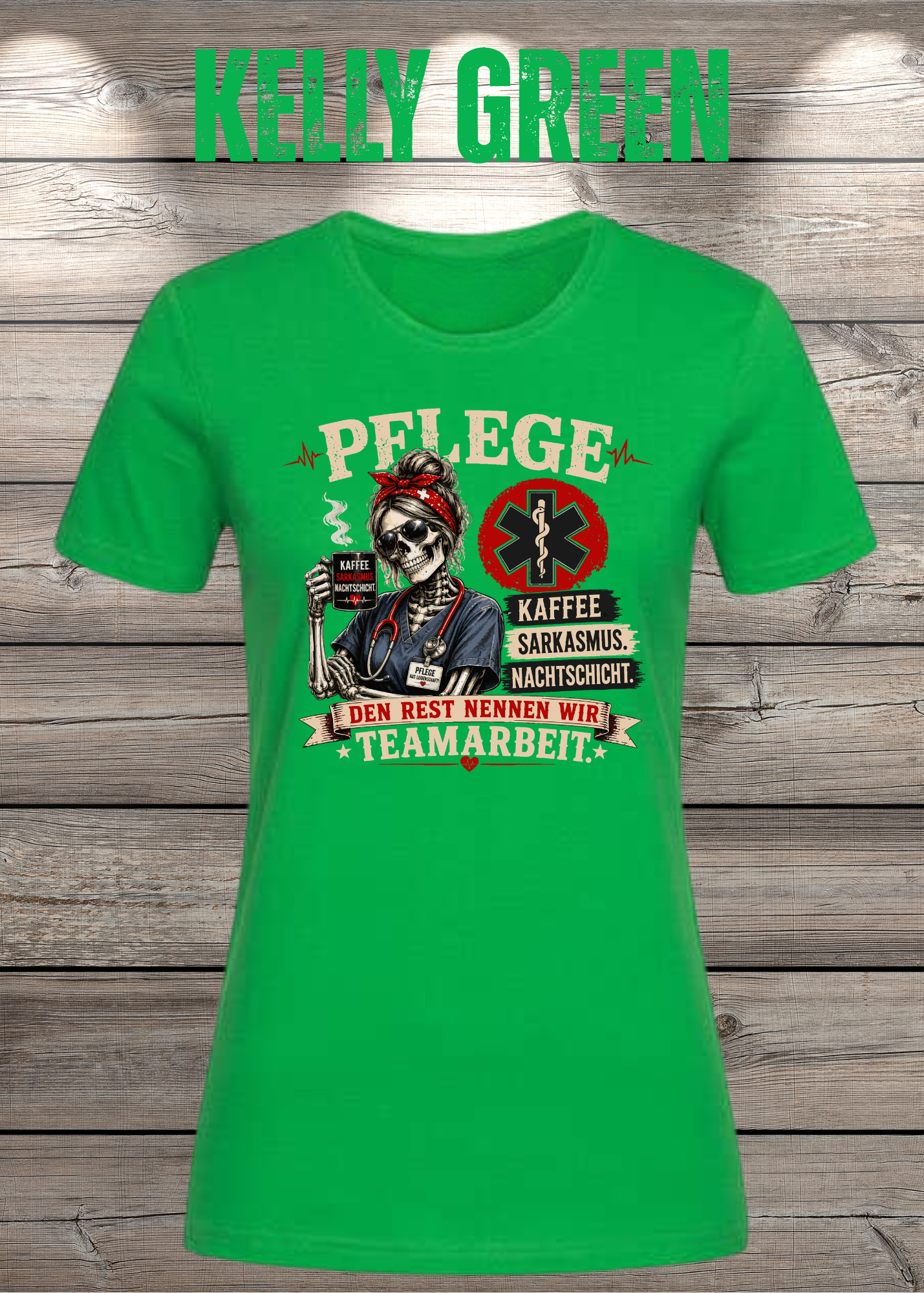 Pflege Damen T-Shirt – Kaffee, Sarkasmus, Nachtschicht – Den Rest nennen wir Teamarbeit