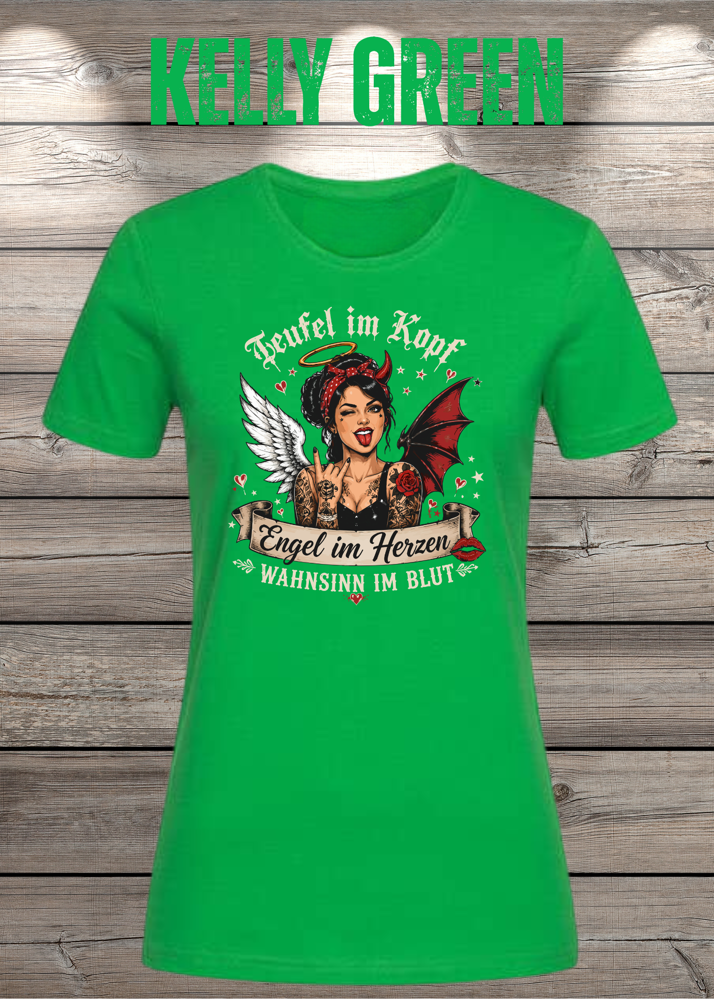 Teufel im Kopf Engel im Herzen Wahnsinn im Blut Damen T-Shirt – Frecher Statement Spruch