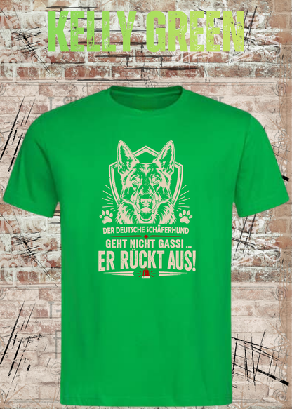 Schäferhund T-Shirt „Er rückt aus“ – Hundeshirt