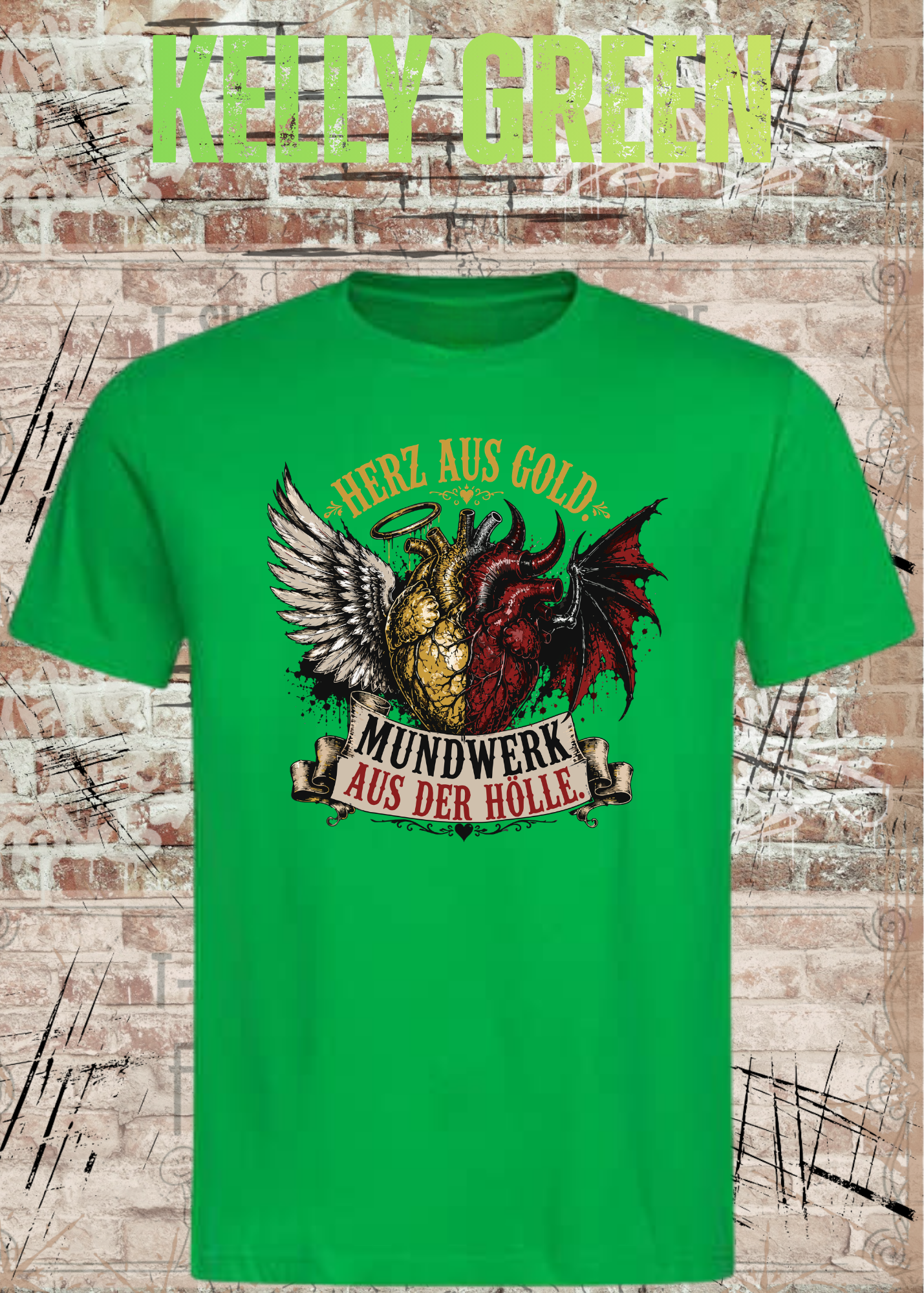 Herz aus Gold T-Shirt – Mundwerk aus der Hölle Shirt mit Engel & Teufel Motiv