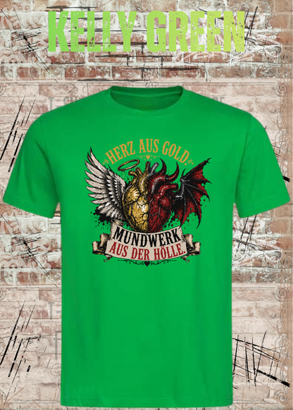 Herz aus Gold T-Shirt – Mundwerk aus der Hölle Shirt mit Engel & Teufel Motiv