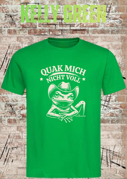 Unisex T-Shirt Kellygrün mit Cowboy-Frosch und Spruch Quak mich nicht voll – FunnyZoom