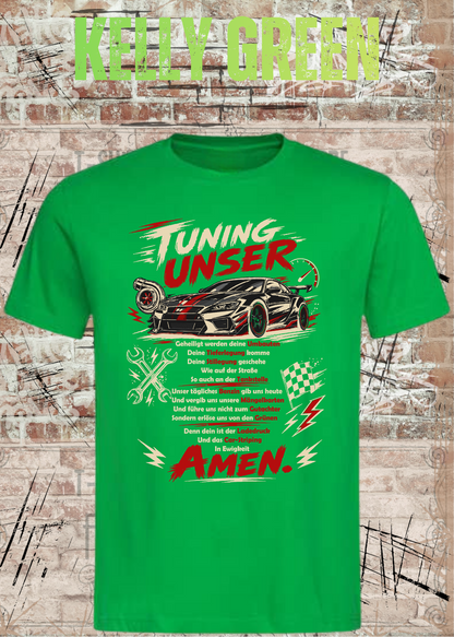 Unisex-T-Shirt „Tuning Unser“ in Kelly Green.