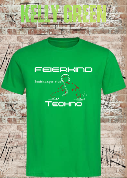 Feierkind Techno T-Shirt – Beziehungsstatus Techno in Kelly Green.