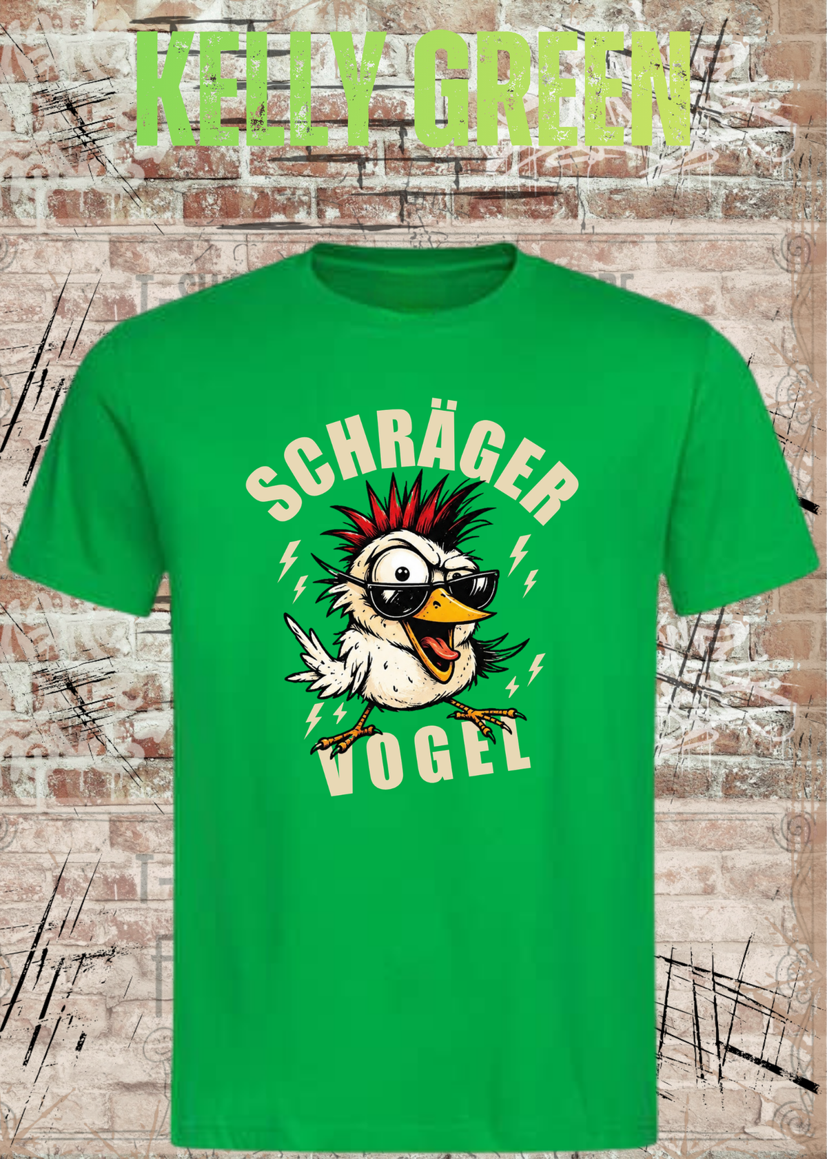 Unisex-T-Shirt „Schräger Vogel“ in Kelly Green.