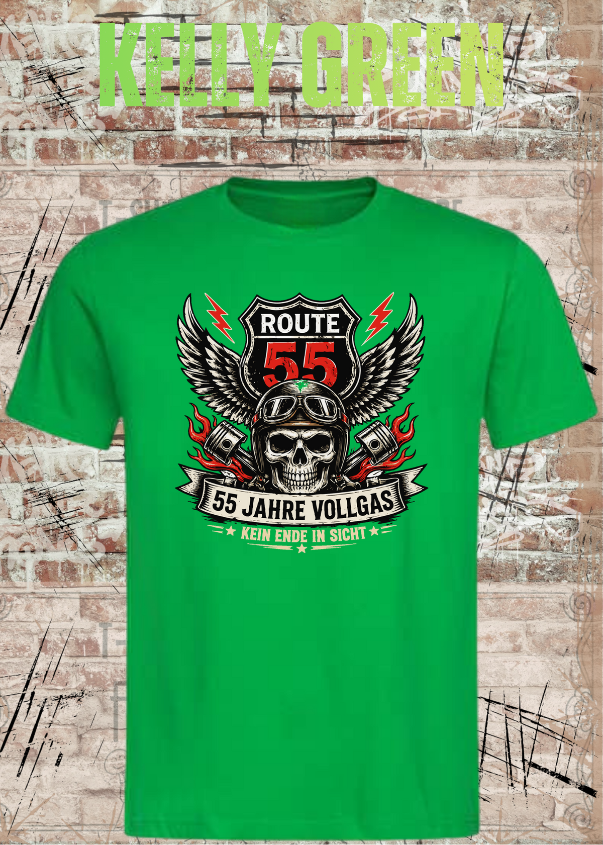 55 Jahre Vollgas T-Shirt – Route 55 in Kelly Green.