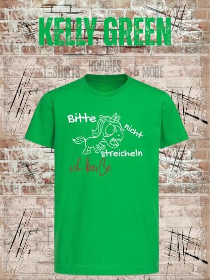 Kinder T-Shirt Einhorn bitte nicht streicheln, ich beiße Witziges Kids T-Shirt in Kelly Green.