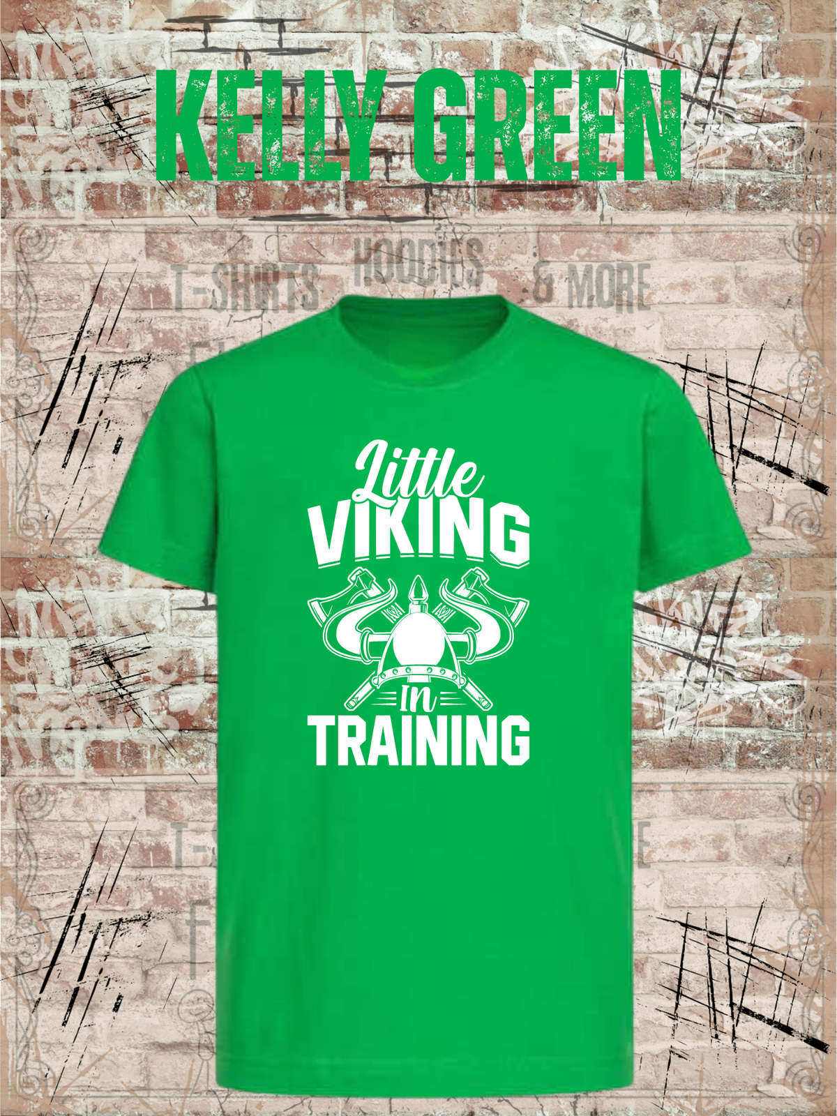 Kinder T-Shirt Little Viking in Training in Kelly Green.