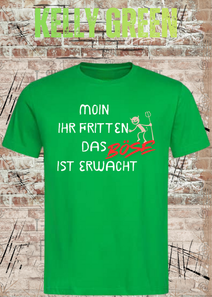 Unisex-T-Shirt „Moin ihr Fritten – Das Böse ist erwacht“ in Kelly Green.