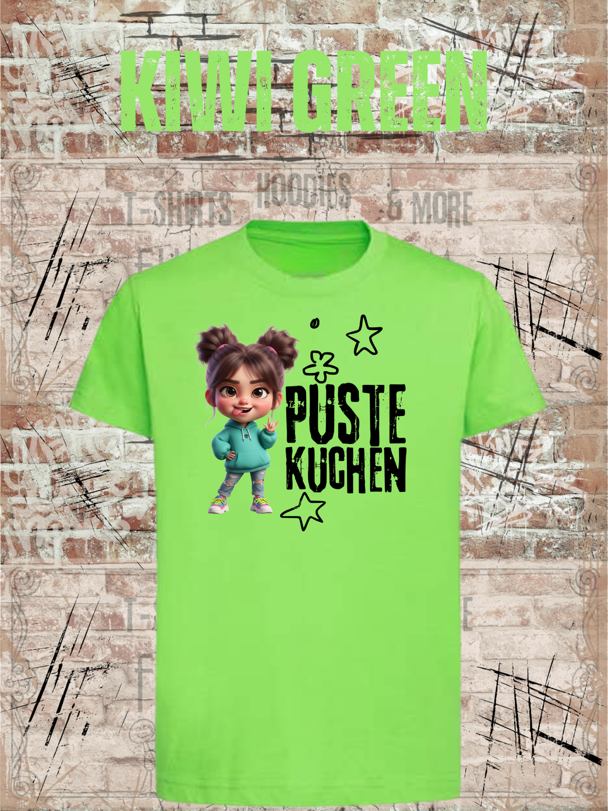 Kinder-T-Shirt „Pustekuchen!“ in Kiwi Green.