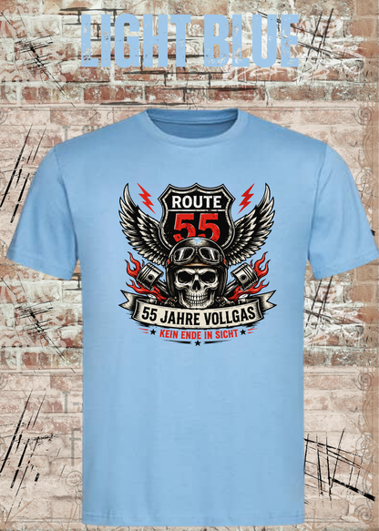 55 Jahre Vollgas T-Shirt – Route 55 in Light Blue.