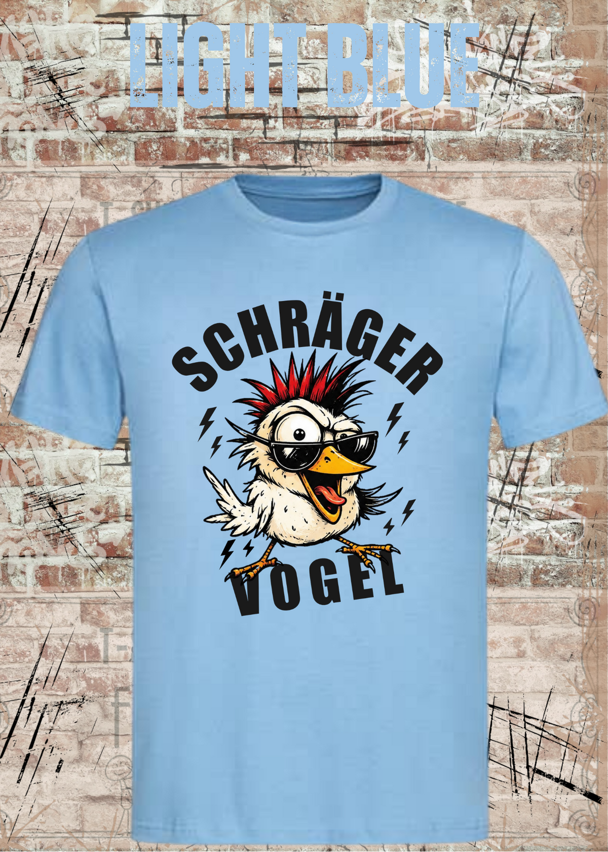 Unisex-T-Shirt „Schräger Vogel“ in Light Blue.