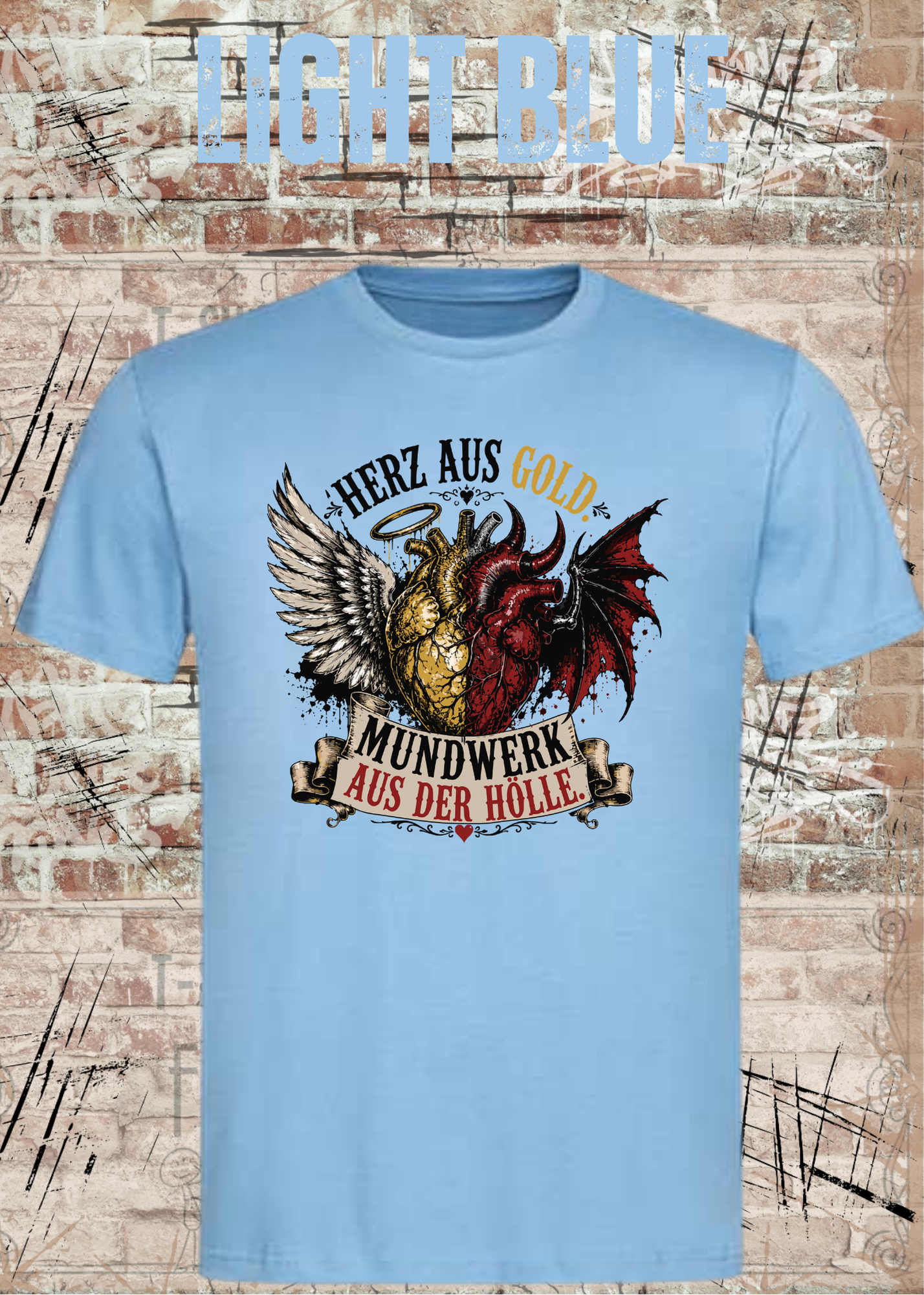 Herz aus Gold T-Shirt – Mundwerk aus der Hölle Shirt mit Engel & Teufel Motiv