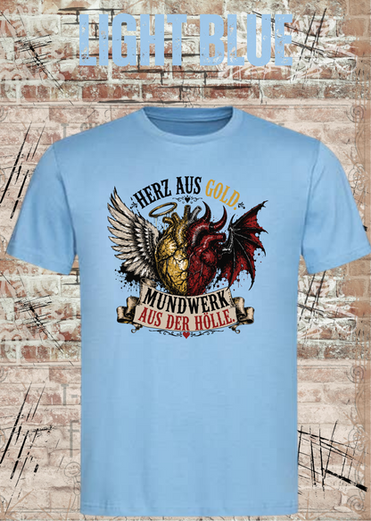 Herz aus Gold T-Shirt – Mundwerk aus der Hölle Shirt mit Engel & Teufel Motiv