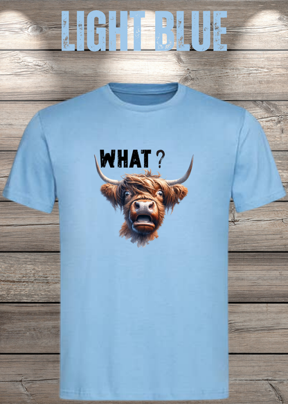 Unisex-T-Shirt „WHAT?“ in Light Blue.
