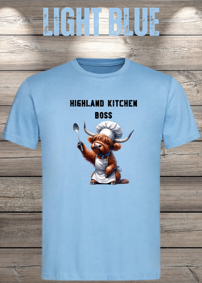 Unisex-T-Shirt „Highland Kitchen Boss“ in Light Blue.