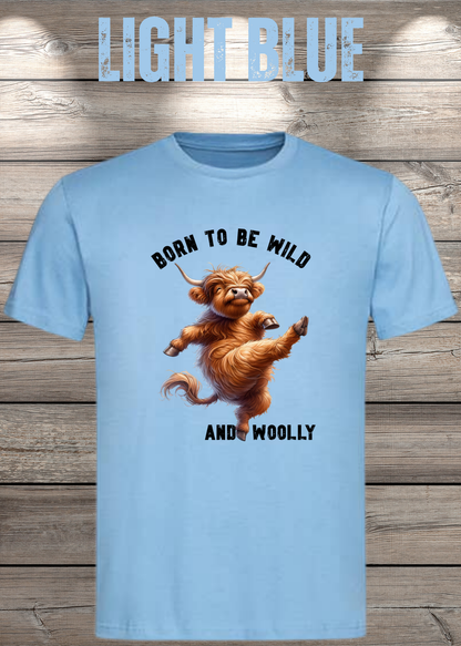 Unisex-T-Shirt „Born to Be Wild and Woolly“ in Light Blue.