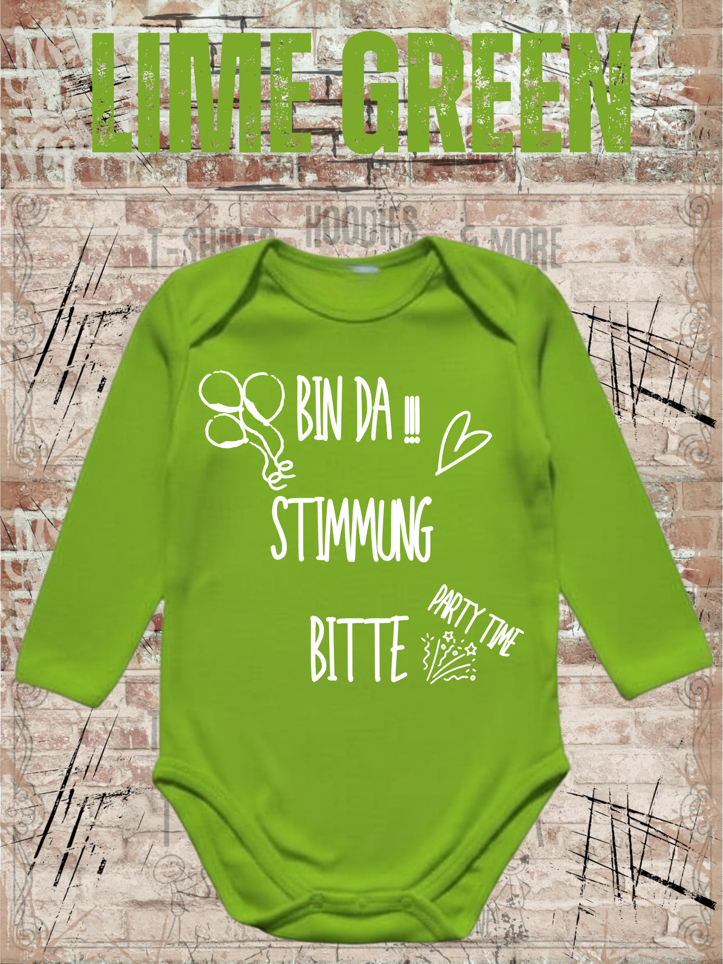 Baby Body Langarm 'Bin da - Stimmung bitte Party Time!' - Lustiger Spruch fuer kleine Partyloewen