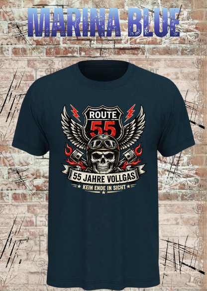 55 Jahre Vollgas T-Shirt – Route 55 in Marina Blue.