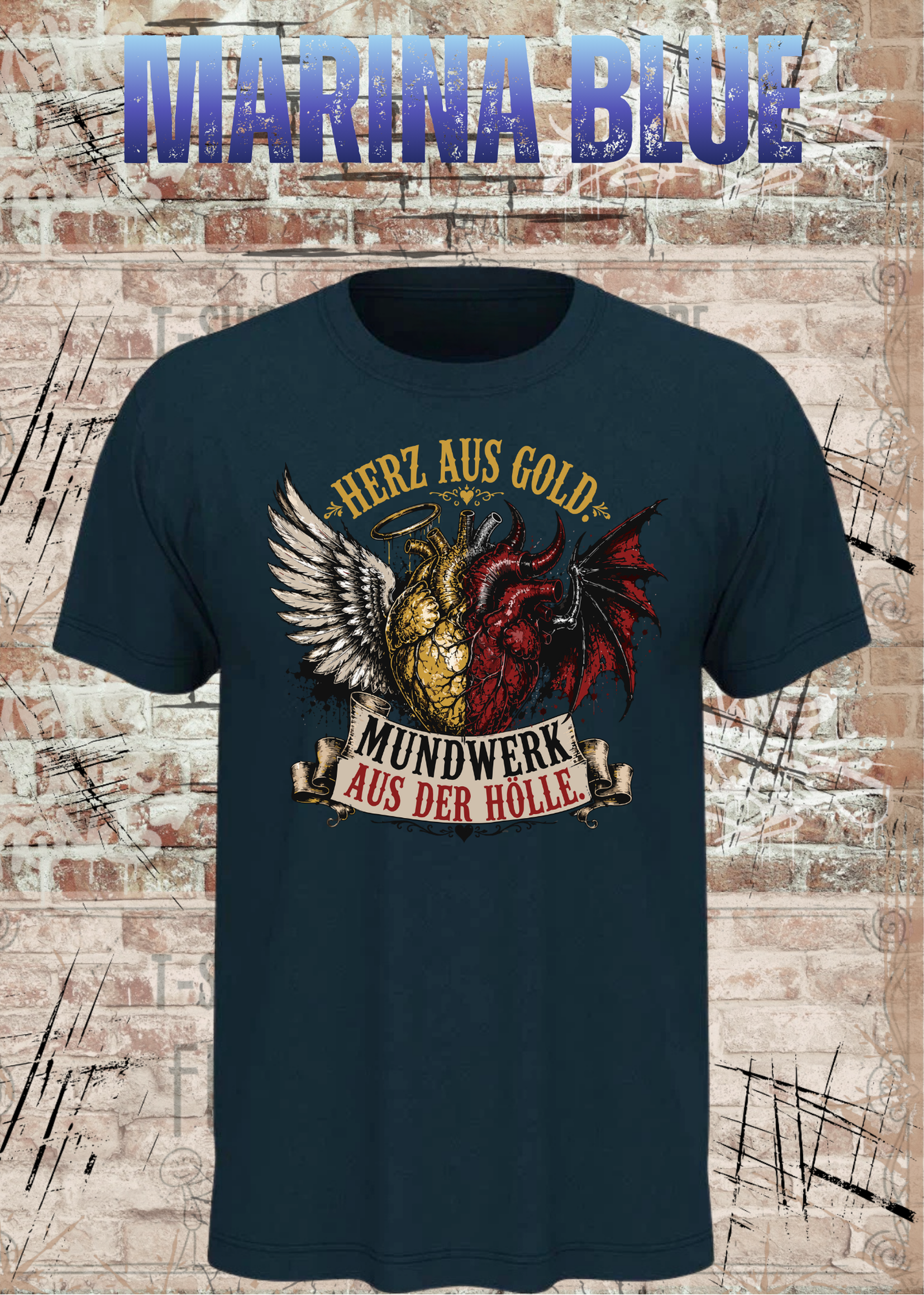 Herz aus Gold T-Shirt – Mundwerk aus der Hölle Shirt mit Engel & Teufel Motiv