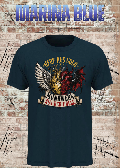 Herz aus Gold T-Shirt – Mundwerk aus der Hölle Shirt mit Engel & Teufel Motiv