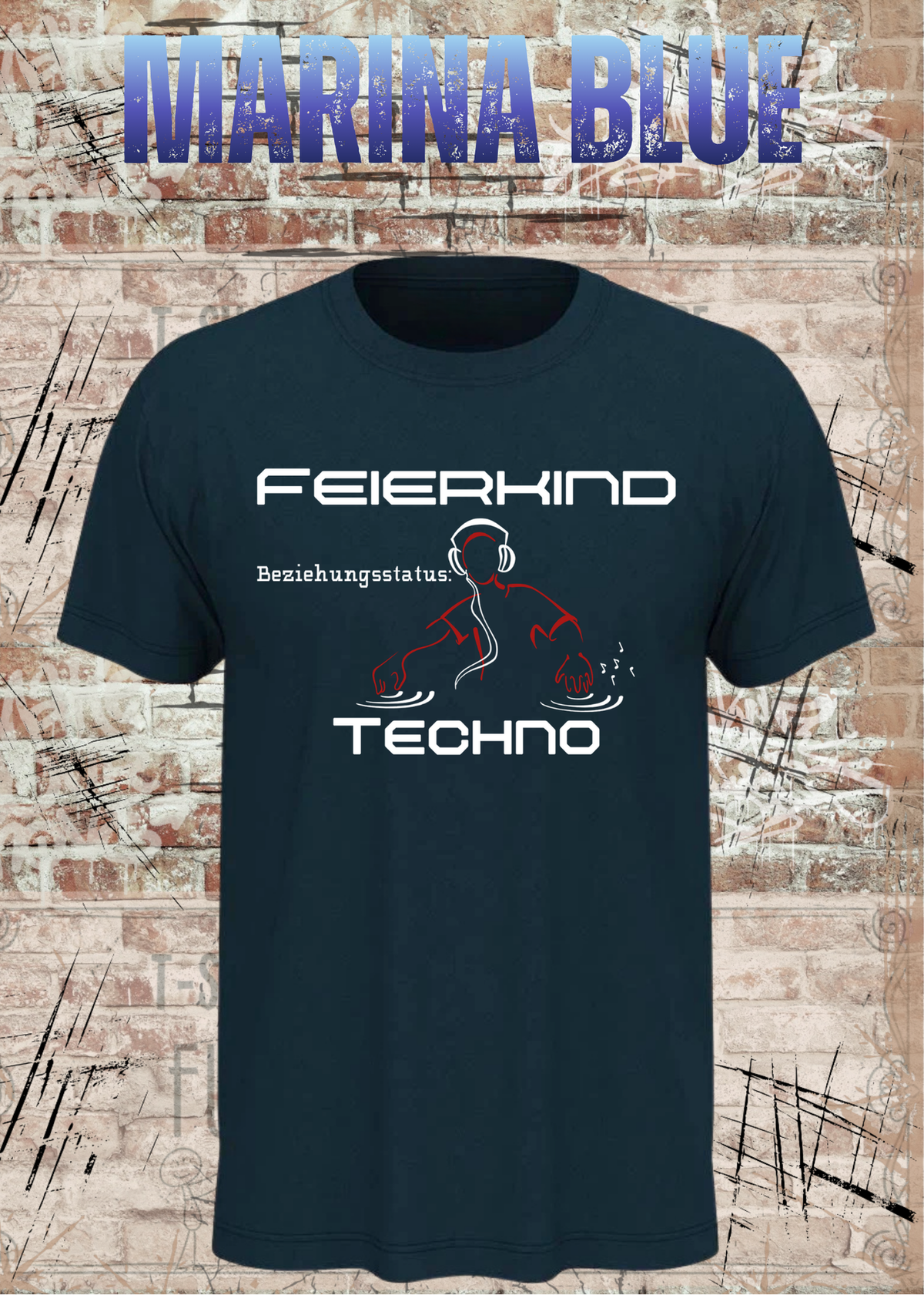 Feierkind Techno T-Shirt – Beziehungsstatus Techno in Marina Blue.