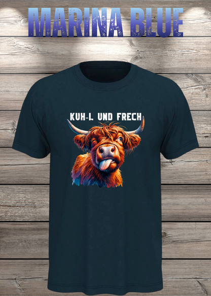 Unisex-T-Shirt „KUH-L UND FRECH“ in Marina Blue.
