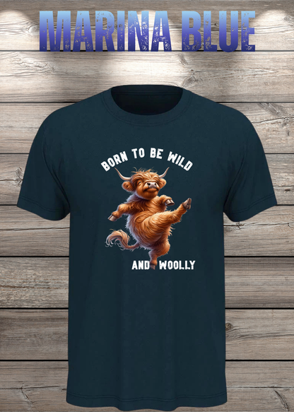 Unisex-T-Shirt „Born to Be Wild and Woolly“ in Marina Blue.