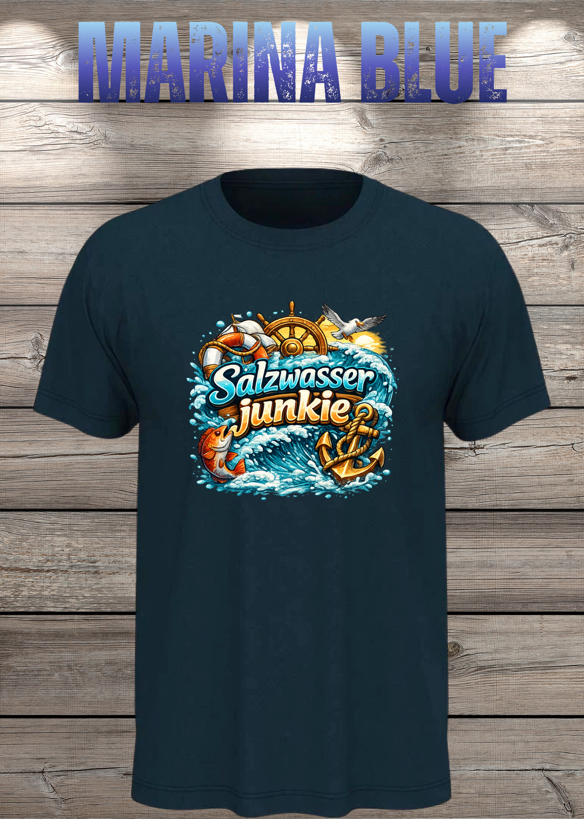 Salzwasser-Junkie Unisex T-Shirt in Marina Blue.