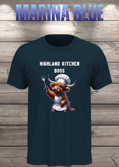 Unisex-T-Shirt „Highland Kitchen Boss“ in Marina Blue.