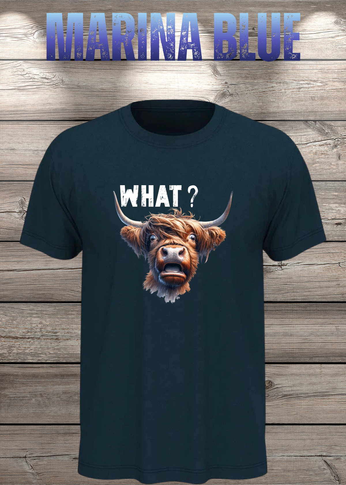 Unisex-T-Shirt „WHAT?“ in Marina Blue.