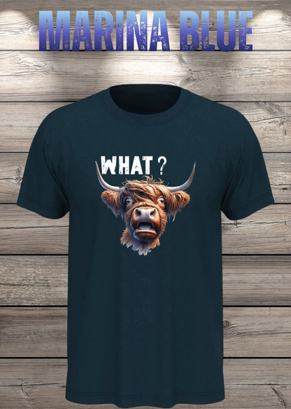 Unisex-T-Shirt „WHAT?“ in Marina Blue.