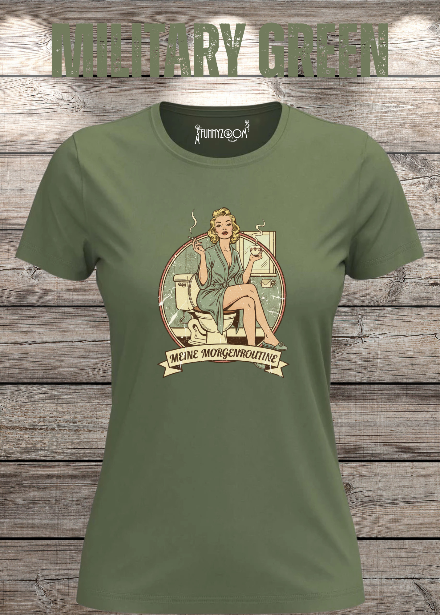 Damen T-Shirt Meine Morgenroutine – Lustiges Retro Shirt für Morgenmuffel