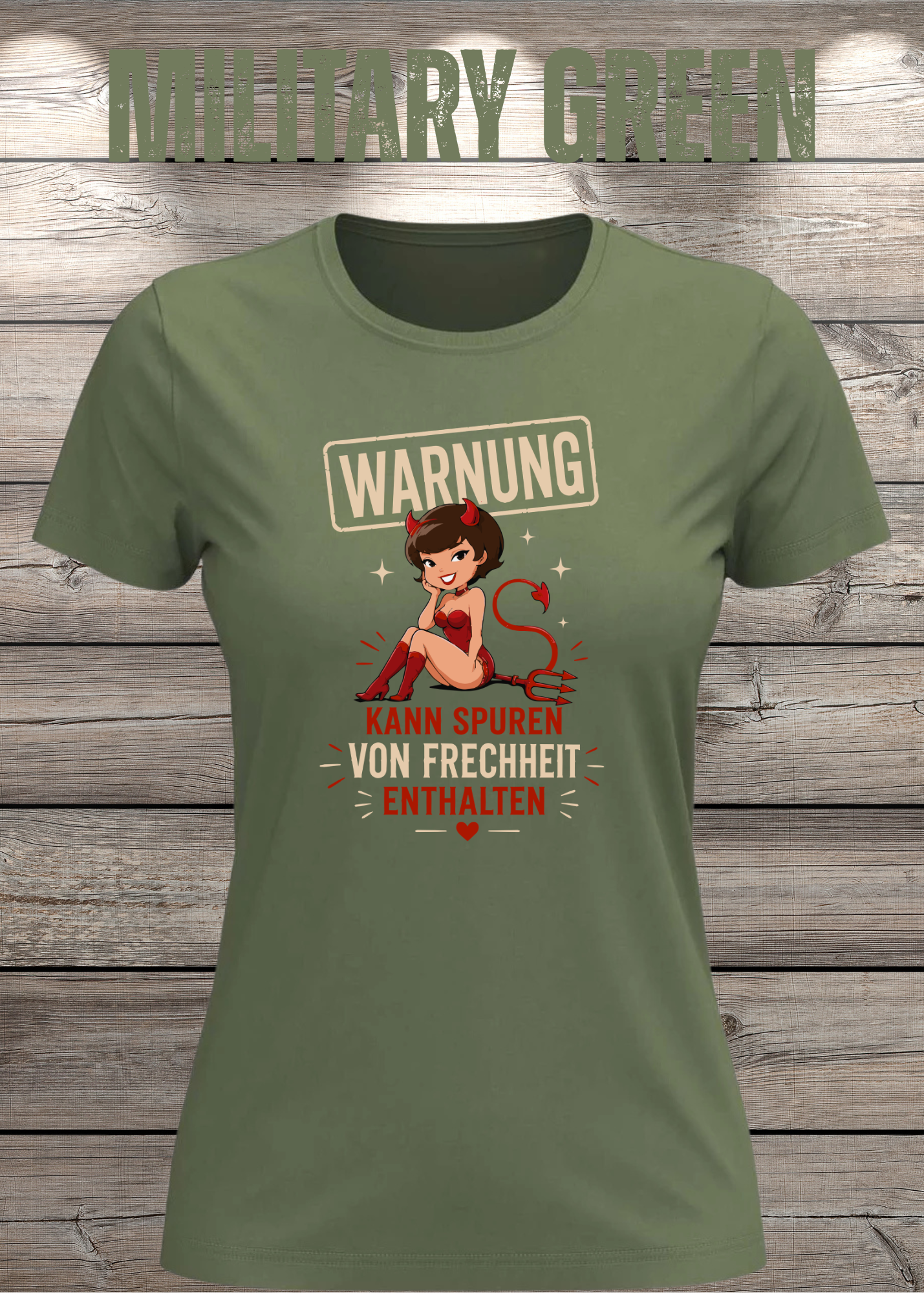 Lustiges Damen T-Shirt "WARNUNG – Kann Spuren von Frechheit enthalten" | Teufelchen Pin-up | Fun Shirt