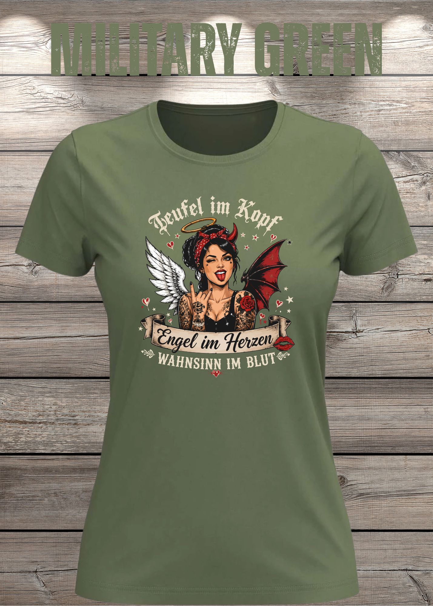 Teufel im Kopf Engel im Herzen Wahnsinn im Blut Damen T-Shirt – Frecher Statement Spruch